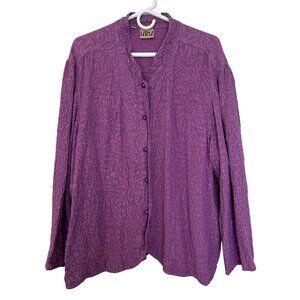 URU Womens Embossed 100% Silk Floral Button Up Lagenlook Top Size XL Purple